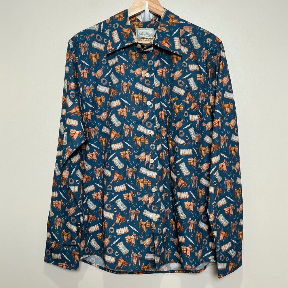Rocking K Ranchwear Kennington Shirt Mens M Teal Western Saddle Print NWT